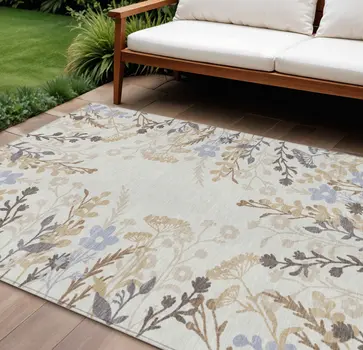 8' X 10' Ivory Khaki And Gray Floral Washable Indoor Outdoor Area Rug