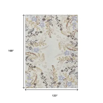10' X 14' Ivory Khaki And Gray Floral Washable Indoor Outdoor Area Rug
