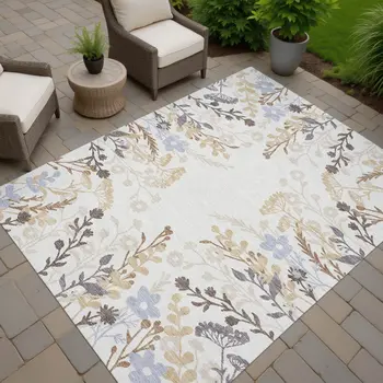 10' X 14' Ivory Khaki And Gray Floral Washable Indoor Outdoor Area Rug