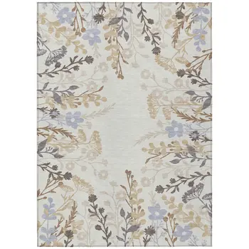 10' X 14' Ivory Khaki And Gray Floral Washable Indoor Outdoor Area Rug