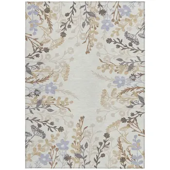 10' X 14' Ivory Khaki And Gray Floral Washable Indoor Outdoor Area Rug