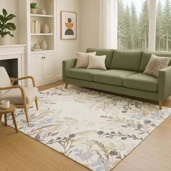 10' X 14' Ivory Khaki And Gray Floral Washable Indoor Outdoor Area Rug