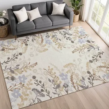 10' X 14' Ivory Khaki And Gray Floral Washable Indoor Outdoor Area Rug