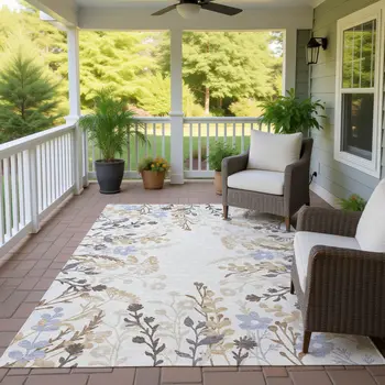 10' X 14' Ivory Khaki And Gray Floral Washable Indoor Outdoor Area Rug