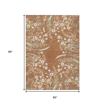 5' X 8' Chili Red Ivory And Green Floral Washable Indoor Outdoor Area Rug