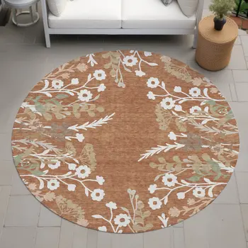 8' Chili Red Ivory And Green Round Floral Washable Indoor Outdoor Area Rug
