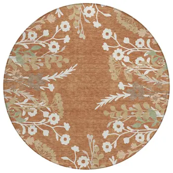 8' Chili Red Ivory And Green Round Floral Washable Indoor Outdoor Area Rug