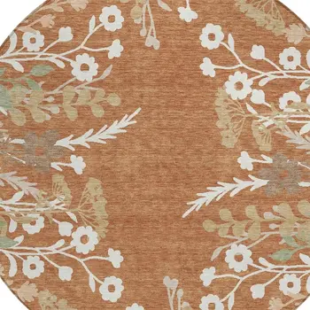 8' Chili Red Ivory And Green Round Floral Washable Indoor Outdoor Area Rug