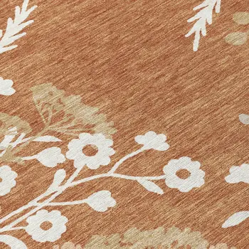 8' Chili Red Ivory And Green Round Floral Washable Indoor Outdoor Area Rug