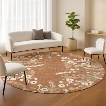 8' Chili Red Ivory And Green Round Floral Washable Indoor Outdoor Area Rug