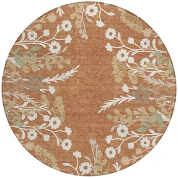 8' Chili Red Ivory And Green Round Floral Washable Indoor Outdoor Area Rug