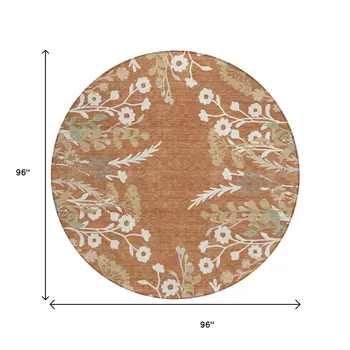 8' Chili Red Ivory And Green Round Floral Washable Indoor Outdoor Area Rug
