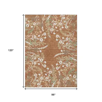 8' X 10' Chili Red Ivory And Green Floral Washable Indoor Outdoor Area Rug