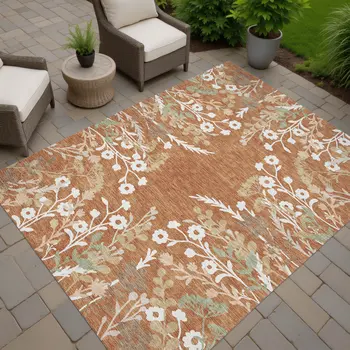 9' X 12' Chili Red Ivory And Green Floral Washable Indoor Outdoor Area Rug