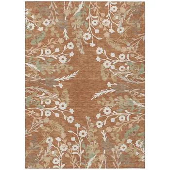 9' X 12' Chili Red Ivory And Green Floral Washable Indoor Outdoor Area Rug