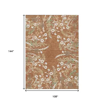 9' X 12' Chili Red Ivory And Green Floral Washable Indoor Outdoor Area Rug