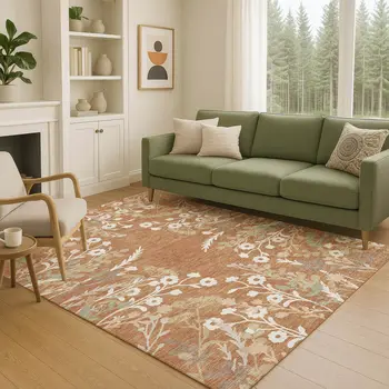 9' X 12' Chili Red Ivory And Green Floral Washable Indoor Outdoor Area Rug