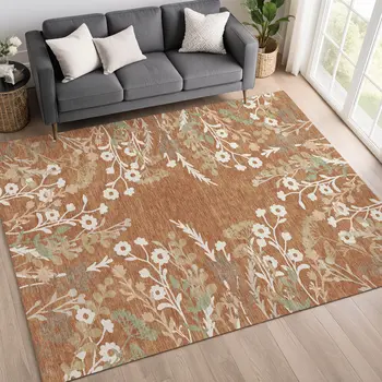 9' X 12' Chili Red Ivory And Green Floral Washable Indoor Outdoor Area Rug