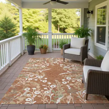 9' X 12' Chili Red Ivory And Green Floral Washable Indoor Outdoor Area Rug