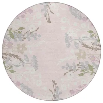 8' Pink Ivory And Gray Round Floral Washable Indoor Outdoor Area Rug