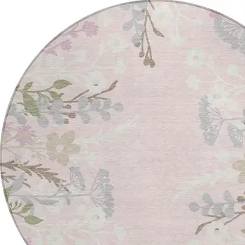 8' Pink Ivory And Gray Round Floral Washable Indoor Outdoor Area Rug
