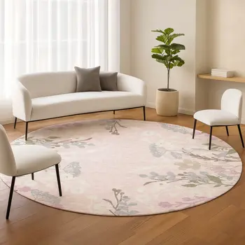8' Pink Ivory And Gray Round Floral Washable Indoor Outdoor Area Rug