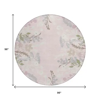 8' Pink Ivory And Gray Round Floral Washable Indoor Outdoor Area Rug