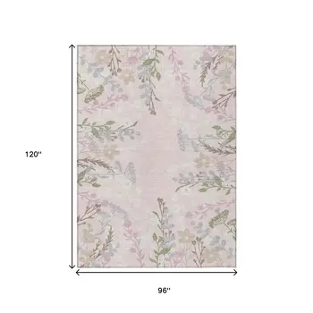 8' X 10' Pink Ivory And Gray Floral Washable Indoor Outdoor Area Rug