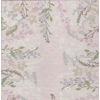 9' X 12' Pink Ivory And Gray Floral Washable Indoor Outdoor Area Rug