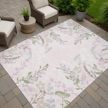 9' X 12' Pink Ivory And Gray Floral Washable Indoor Outdoor Area Rug