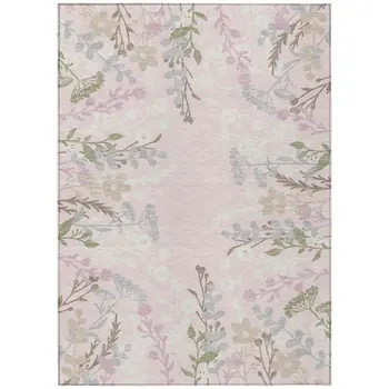 9' X 12' Pink Ivory And Gray Floral Washable Indoor Outdoor Area Rug