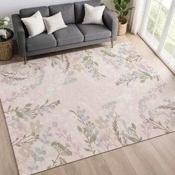 9' X 12' Pink Ivory And Gray Floral Washable Indoor Outdoor Area Rug