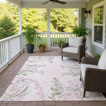 9' X 12' Pink Ivory And Gray Floral Washable Indoor Outdoor Area Rug