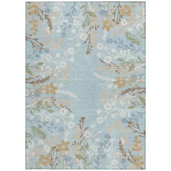 3' X 5' Sky Blue Ivory And Brown Floral Washable Indoor Outdoor Area Rug