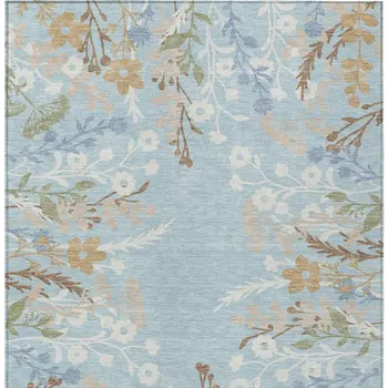 5' X 8' Sky Blue Ivory And Brown Floral Washable Indoor Outdoor Area Rug