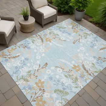5' X 8' Sky Blue Ivory And Brown Floral Washable Indoor Outdoor Area Rug