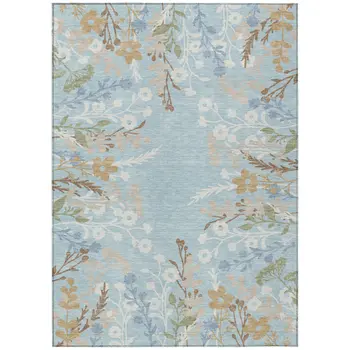 5' X 8' Sky Blue Ivory And Brown Floral Washable Indoor Outdoor Area Rug