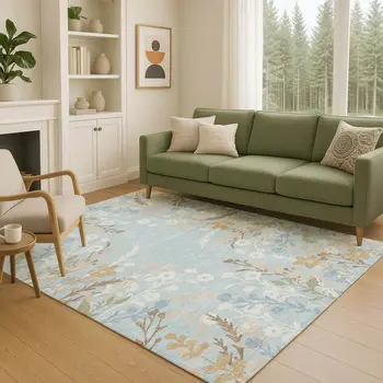 5' X 8' Sky Blue Ivory And Brown Floral Washable Indoor Outdoor Area Rug