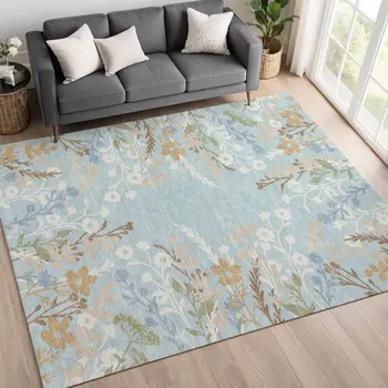5' X 8' Sky Blue Ivory And Brown Floral Washable Indoor Outdoor Area Rug