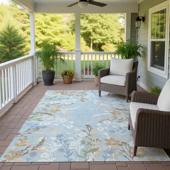 5' X 8' Sky Blue Ivory And Brown Floral Washable Indoor Outdoor Area Rug