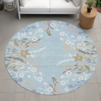 8' Sky Blue Ivory And Brown Round Floral Washable Indoor Outdoor Area Rug