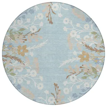 8' Sky Blue Ivory And Brown Round Floral Washable Indoor Outdoor Area Rug