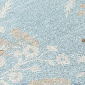 8' Sky Blue Ivory And Brown Round Floral Washable Indoor Outdoor Area Rug
