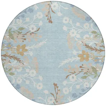 8' Sky Blue Ivory And Brown Round Floral Washable Indoor Outdoor Area Rug