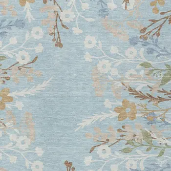 10' X 14' Sky Blue Ivory And Brown Floral Washable Indoor Outdoor Area Rug