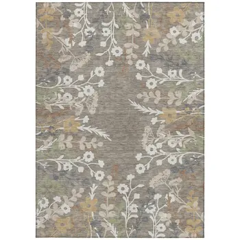 5' X 8' Taupe Green And Ivory Floral Washable Indoor Outdoor Area Rug