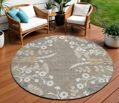 8' Taupe Green And Ivory Round Floral Washable Indoor Outdoor Area Rug