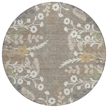 8' Taupe Green And Ivory Round Floral Washable Indoor Outdoor Area Rug