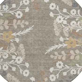 8' Taupe Green And Ivory Round Floral Washable Indoor Outdoor Area Rug