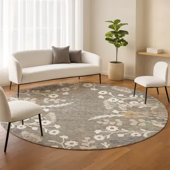 8' Taupe Green And Ivory Round Floral Washable Indoor Outdoor Area Rug